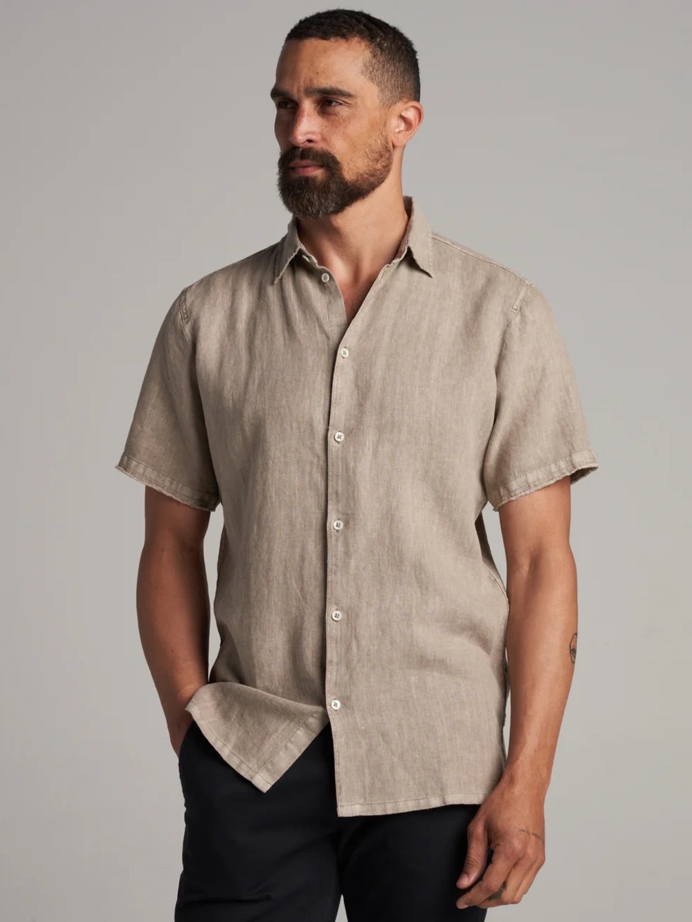 Rowans Lyons Short Sleeve Linen Shirt in Stone